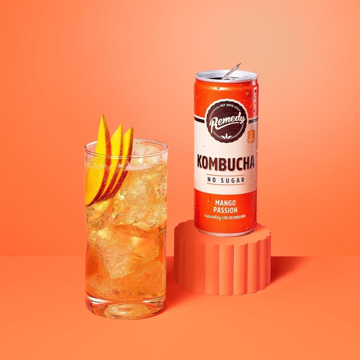 Remedy Kombucha Mango Passion Sparkling Live Cultured Soft Drink 12 x 250ml No Sugar Probiotic for Gut Health Natural Fruity Taste