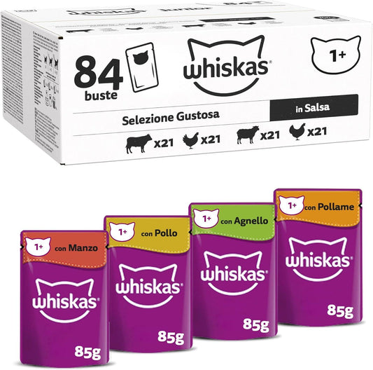 Whiskas 1+ Adult Classic Selection in Gravy 84 Pouches, Adult Wet Cat Food, Megapack (84 X 85 G) whiskas