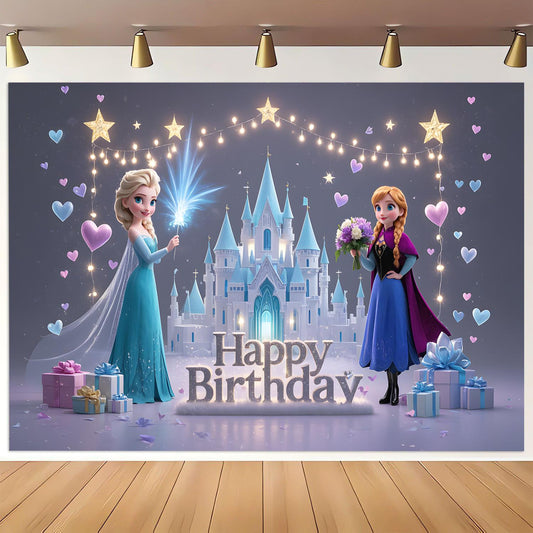 Frozen Elsa & Anna Princess Castle Starry Large Backdrop Kids Birthday Banner Party Background Decor