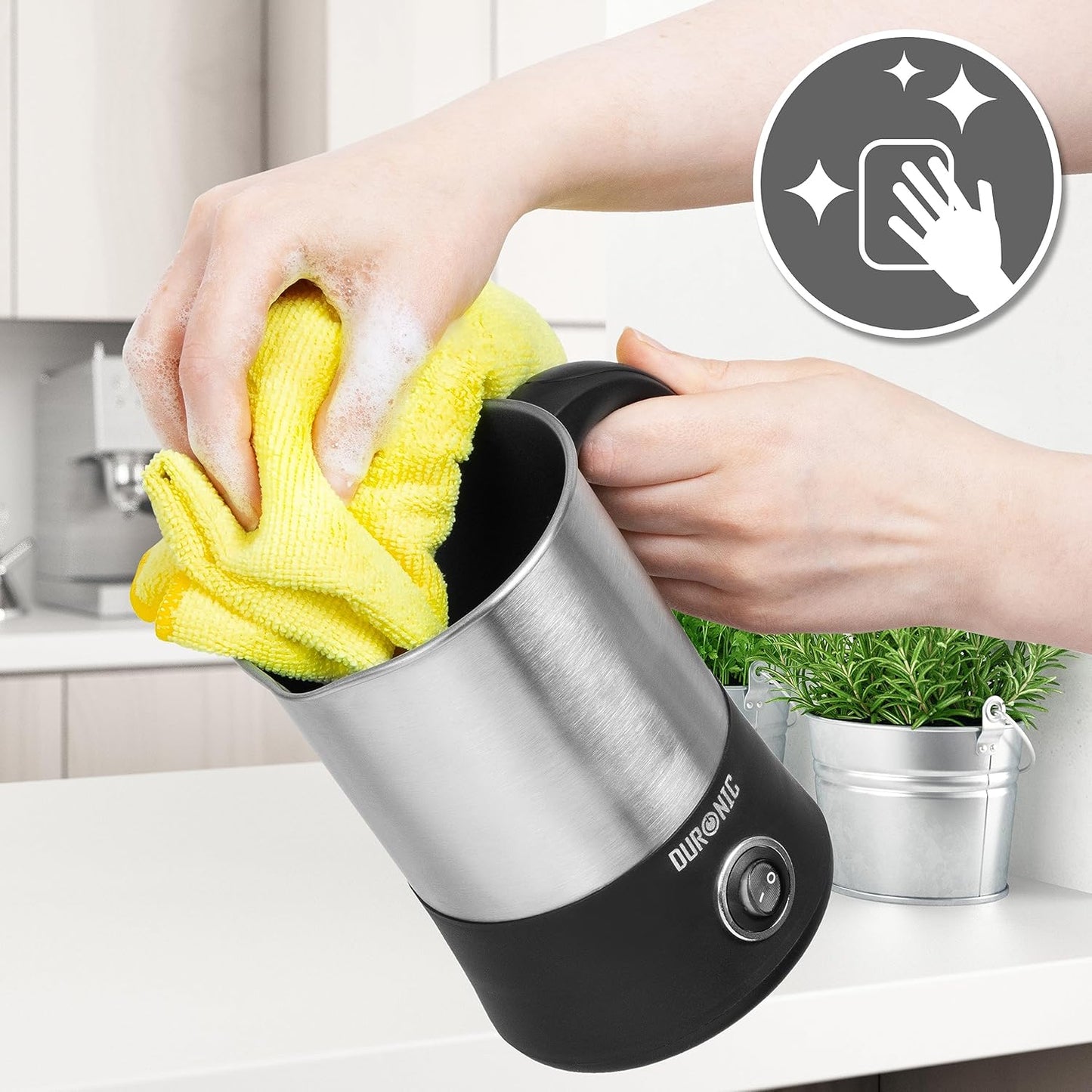 Duronic Milk Frother Electric MF300 Coffee Mixer Whisk Automatic Warmer Foam