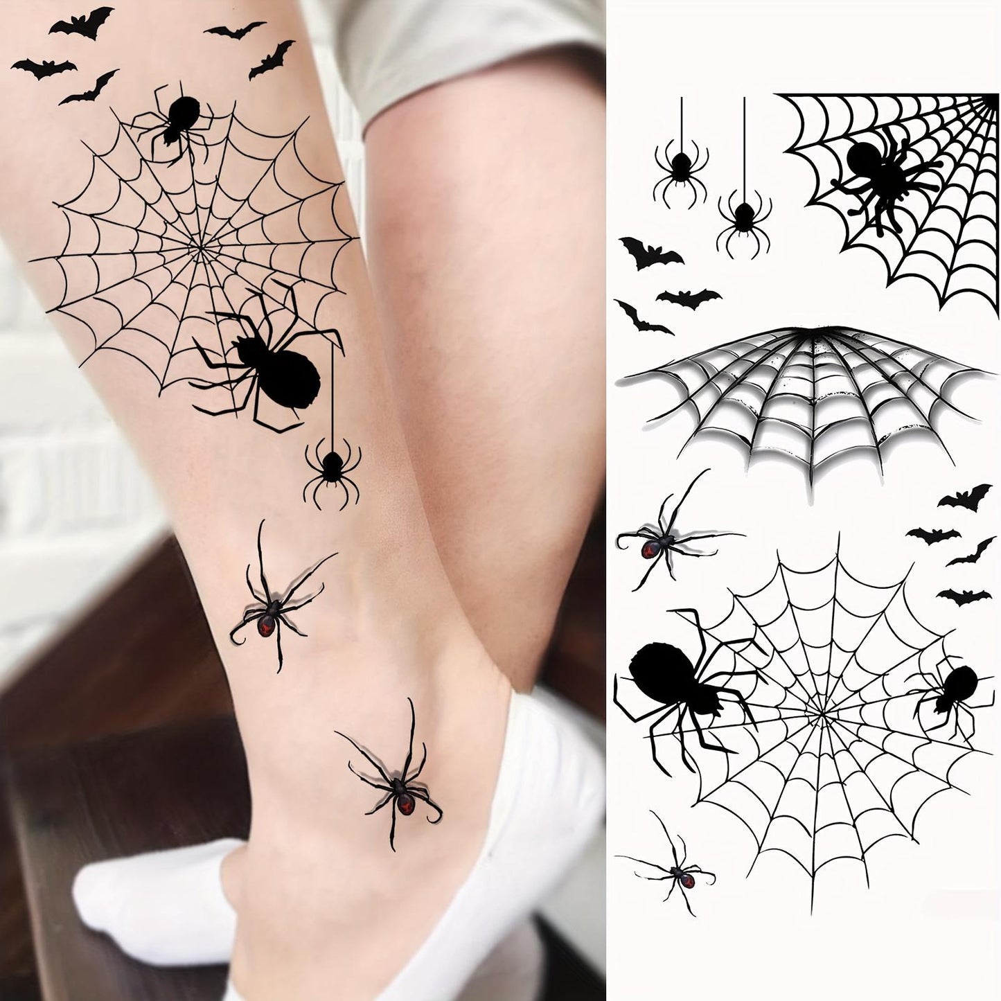 Halloween Temporary Tattoos - 1 Sheet Waterproof Realistic Spider Web, Spiders & Bats Design | Long-Lasting Fake Tattoo Stickers for Adults | Oblong Shape for Arm, Thigh, Leg, Forearm, Shank