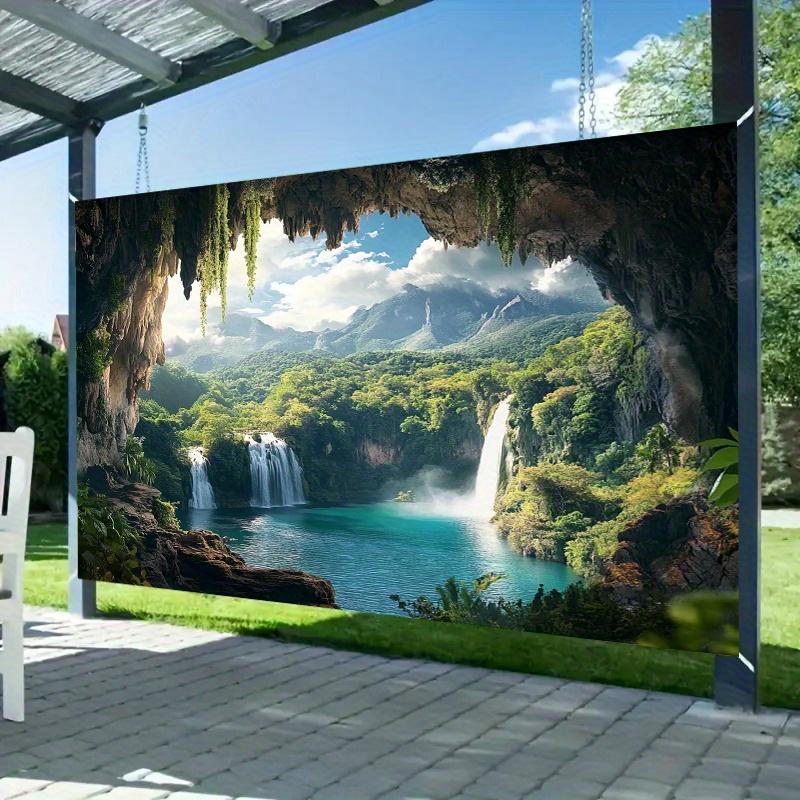 1pc Tropical Forest & Waterfall Party Banner - Vibrant Polyester Backdrop with Lush Greenery, Misty Mountains, and Serene Blue Waters for Home, Room, or Wall Decor - Perfect for All Seasons Photo Props and Party Supplies, Outdoor Deco