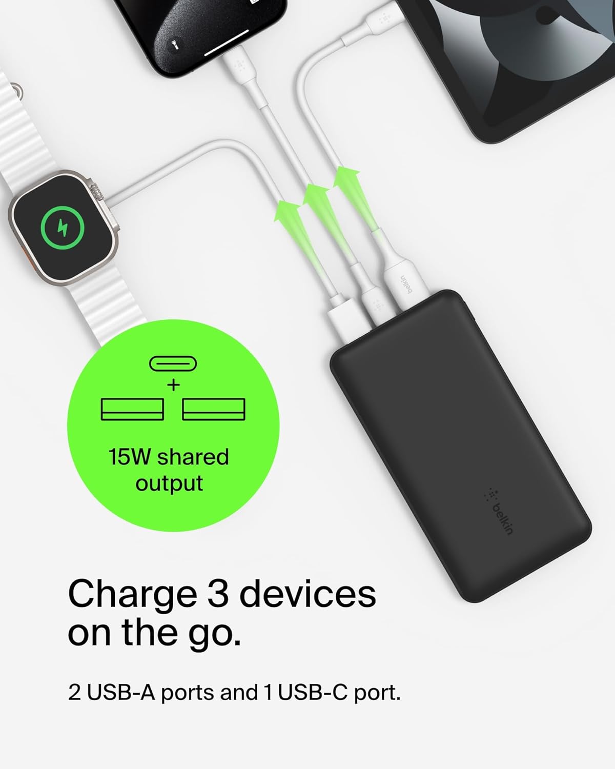 Belkin 10000Mah Portable Power Bank, 10K USB-C Portable Charger with 1 USB-C Port and 2 USB-A Ports, Battery Pack for up to 15W Charging for Iphone, Samsung Galaxy, Airpods, Ipad, and More - Black