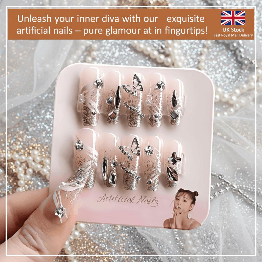 24pcs Handmade Acrylic Press On Nails - Manicure 3D Butterfly Rhinestones