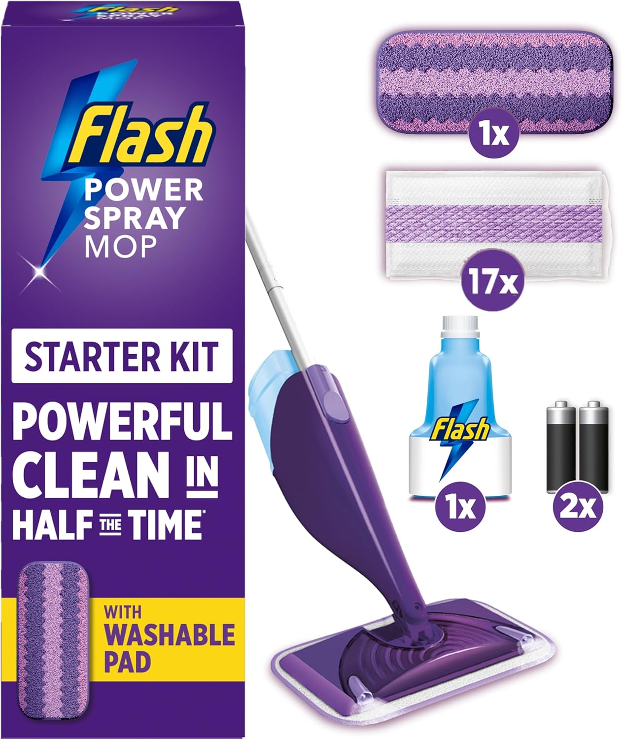 Flash Power Spray Mop Floor Cleaner Starter Kit (1 Washable + 17 Disposable Pads), All-In-One System for Your Floors