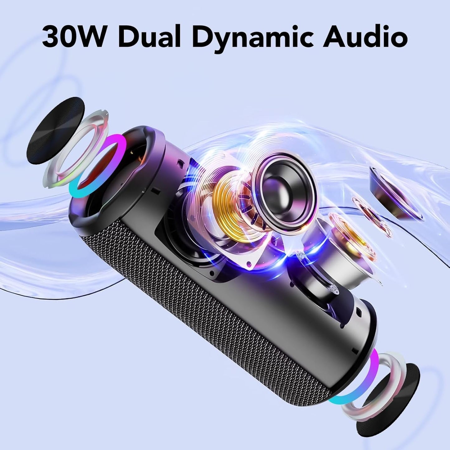 Taopodo Portable Bluetooth Speaker with 30W Stereo Sound, 3 EQ Mode & 3 RGB Lights, IPX7 Waterproof, 30H Playtime, TWS Wireless Pairing, Outdoor Speaker for Home, Outdoors and Hiking