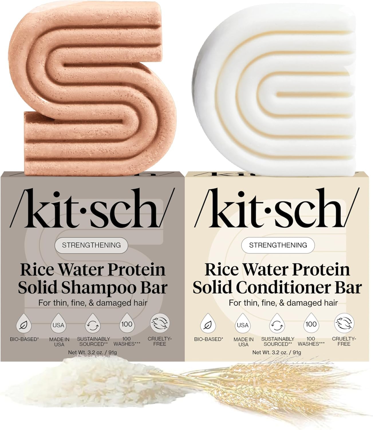 Kitsch Rice Water Shampoo & Conditioner Set - Solid Shampoo Bar & Conditioner Bar with Protein for Strengthening & Damage Repair - Paraben, Sulfate and Silicone Free - Nourishing Hair Care Set, 2Pcs