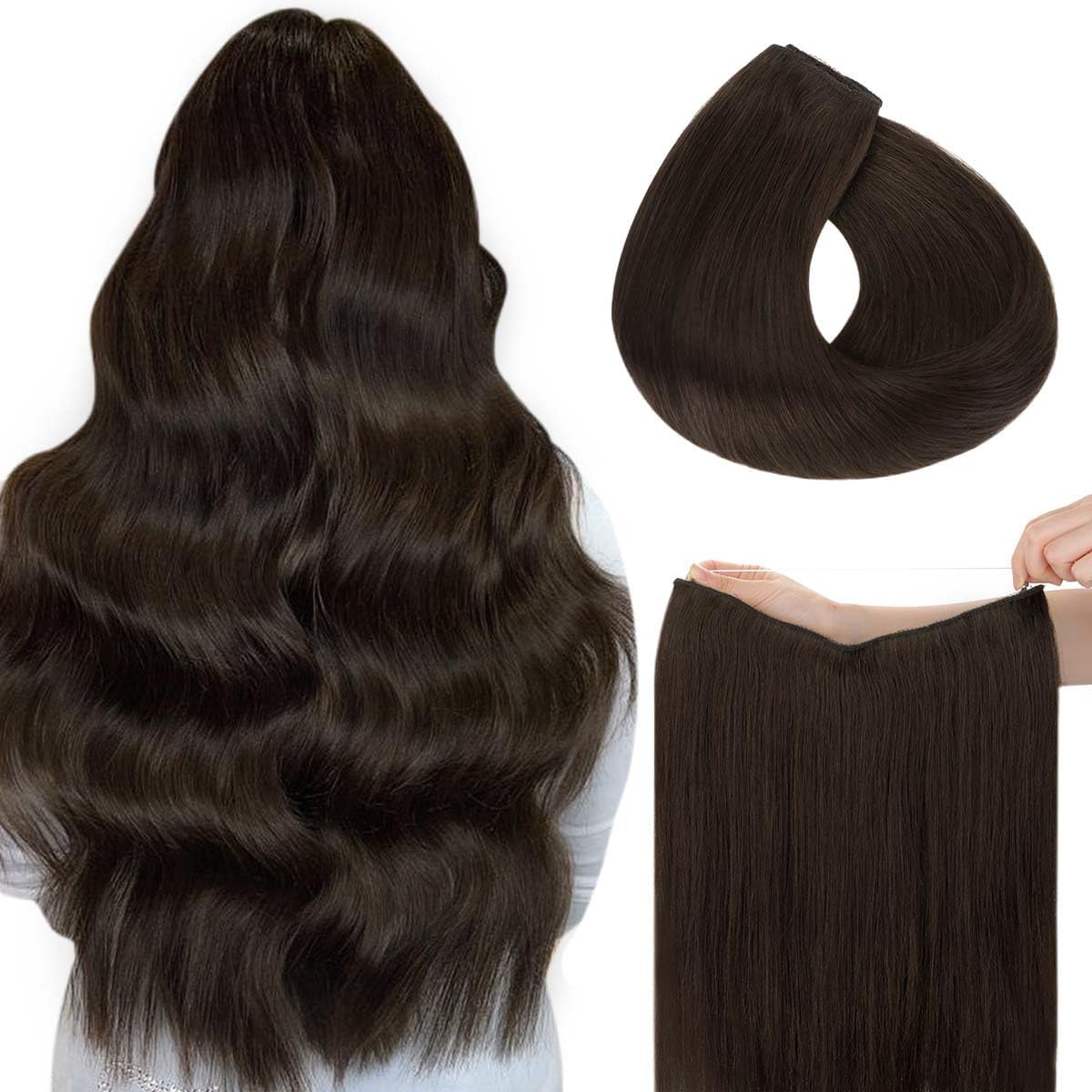Hotbanana Wire Hair Extensions, 14 Inch 75G Chocolate Brown Fish Line Hair Extensions Real Human Hair Straight Invisible Remy Hair Human Extension hotbanana