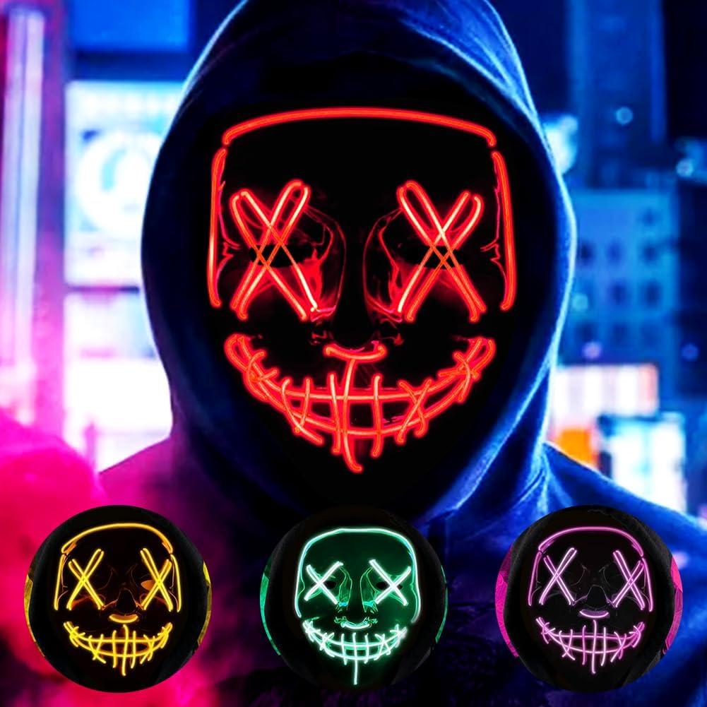 HATFRYF Halloween Masks, Horror LED Mask, Light up Mask, Scary Masks with 3 Lighting Modes, Rave Face Masks Costume for Kids Men Women Halloween Christmas Carnival Festival Cosplay Party
