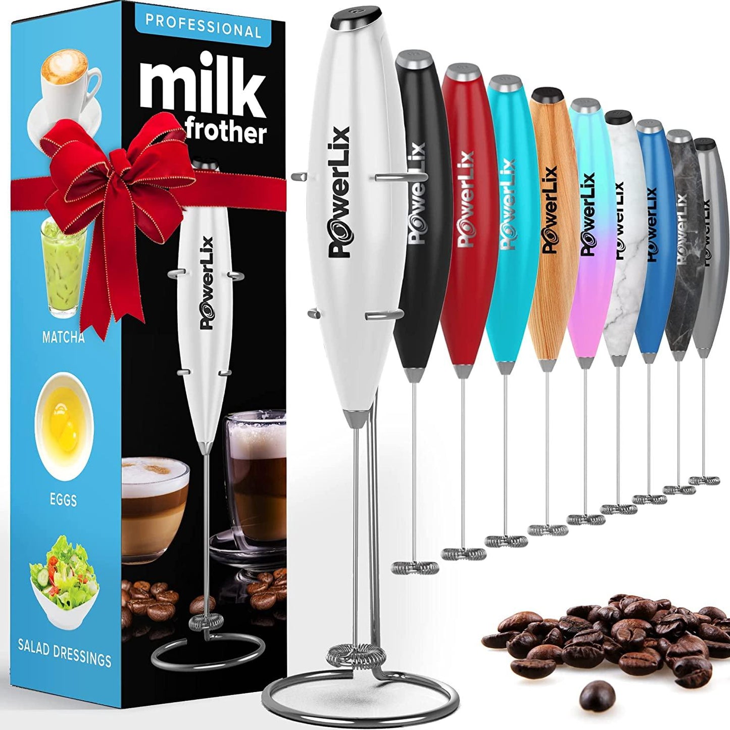 Powerlix Milk Frother Handheld Whisk - Electric Milk Frother Foamer with Stainless Steel Stand,15-20S, Powerful 19000Rpm, Mini Drink Mixer Coffee Frother for Latte, Cappuccino, Hot Chocolate POWERLIX