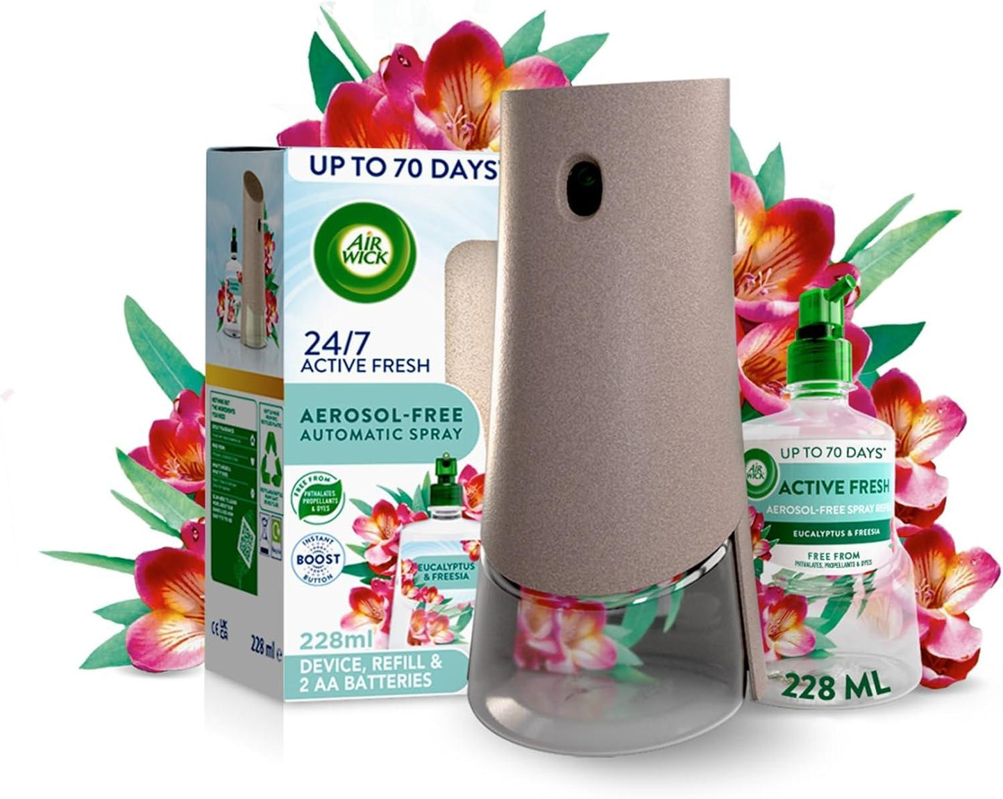 Air Wick Aerosol-Free Automatic Air Freshener Spray Kit, Eucalyptus & Freesia, 1 Gadget & 1 Refill (228Ml), 24X7 Active Fresh Odour Neutraliser, Lasts up to 70 Days, Air Freshener for Home