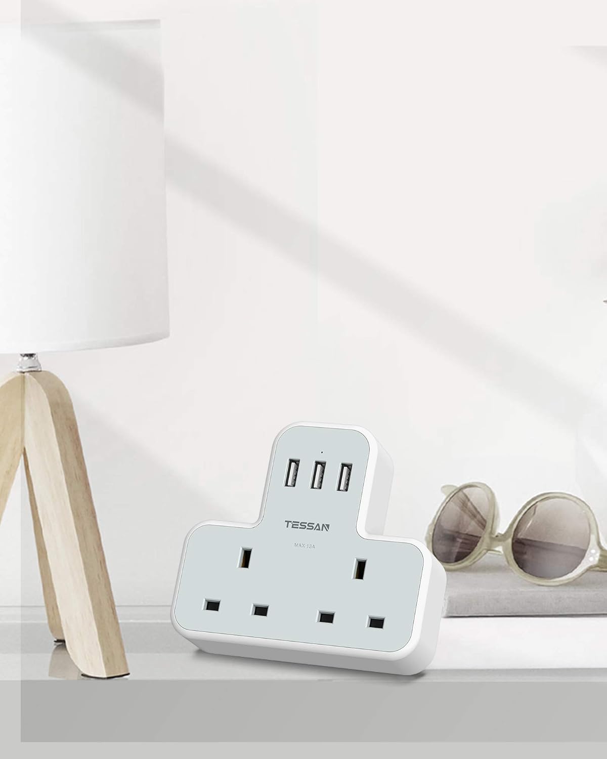 Plug Adapter with 3 USB Ports, TESSAN Double Plug Adaptor UK, 2 Way Multiplug Extension with USB Charger, Slim Power Extender for Kitchen, Office, School Supplies