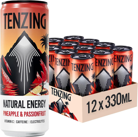 TENZING Natural Energy Drink, Plant Based, Vegan, & Gluten Free Drink, Pineapple & Passionfruit, 330Ml (Pack of 12) - Packaging May Vary Tenzing