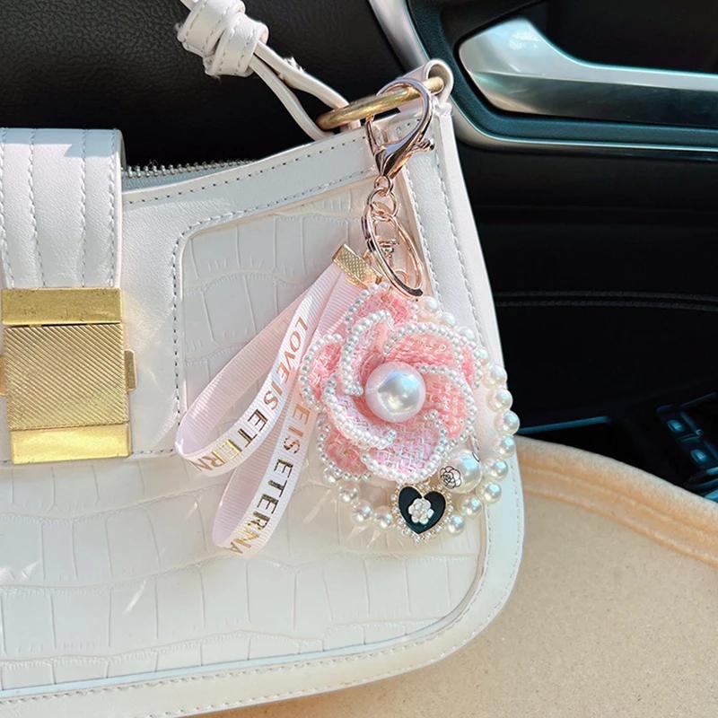Luxury Pearl Chain Camellia Weave Handmade Keychain Car Key Ring Bag Pendant Accessories Keyfob Women Girl Keyring Gift Jewelry No brand