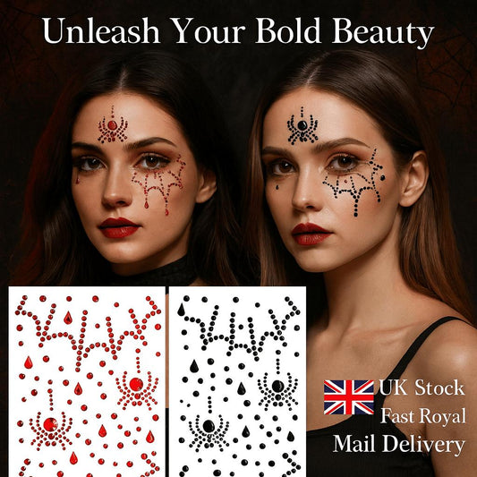 Halloween Sparkling Glittery Synthetic Gemstone Face Sticker | Holiday Party and Stage Makeup Decal with Shimmer Accents, Red/White or Blue for a Dazzle Look, 3 Colors Available, Halloween Makeup, Costume Accessory, Stage Performance, Sparkling Design,