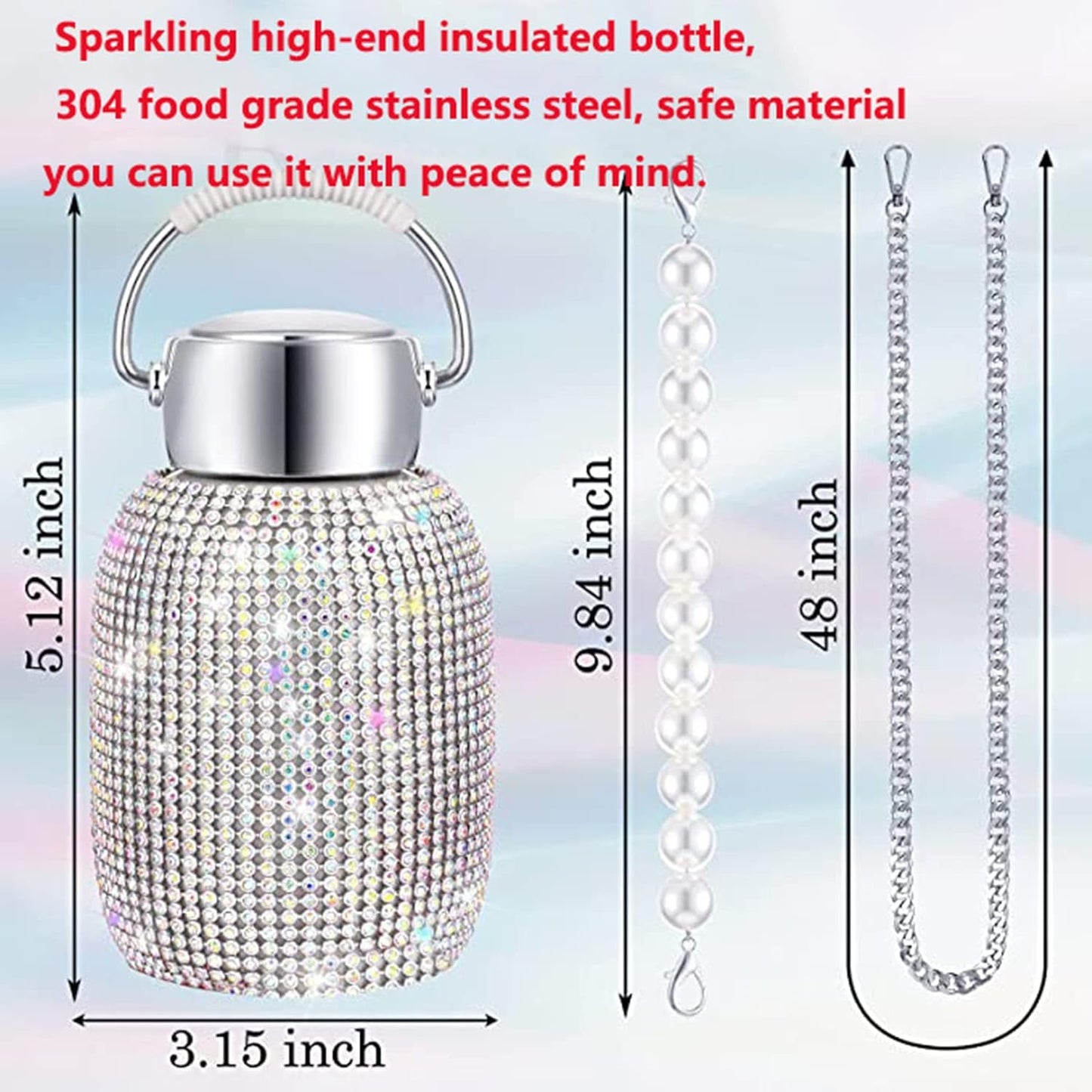 Water Bottle Rhinestone with Pearl Bracelet Chain Stainless Steel Bling Vacuum Flask Insulated Thermal Bottle Glitter Water Bottle for Women Christmas Birthday Gift,Silver No brand