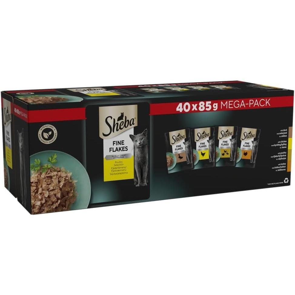 Sheba Fine Flakes in Jelly – Fish Collection – Wet Cat Food Pouches for Adult Cats – 40X85G Pack