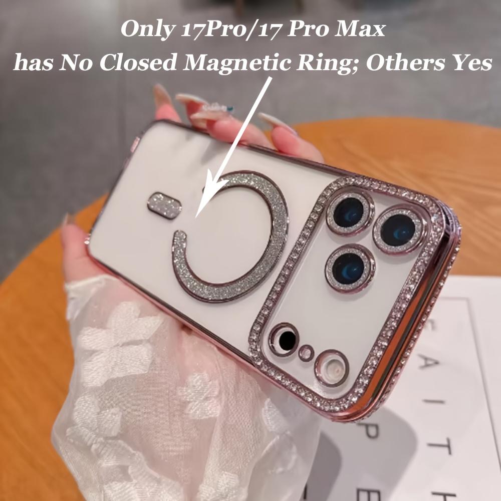 Magnetic Transparent Rhinestone Phone Case Compatible with for iphone 17 Air Pro Max, Featuring a Lens Film Cover And Support for Wireless Charging, Magnetic Phone, Cell Phone Case For Women, Pink Cute Phone, Phone Case