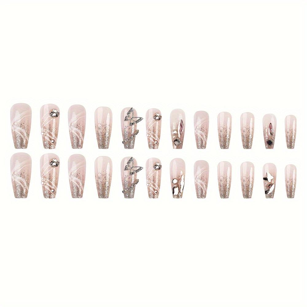 24pcs Handmade Acrylic Press On Nails - Manicure 3D Butterfly Rhinestones