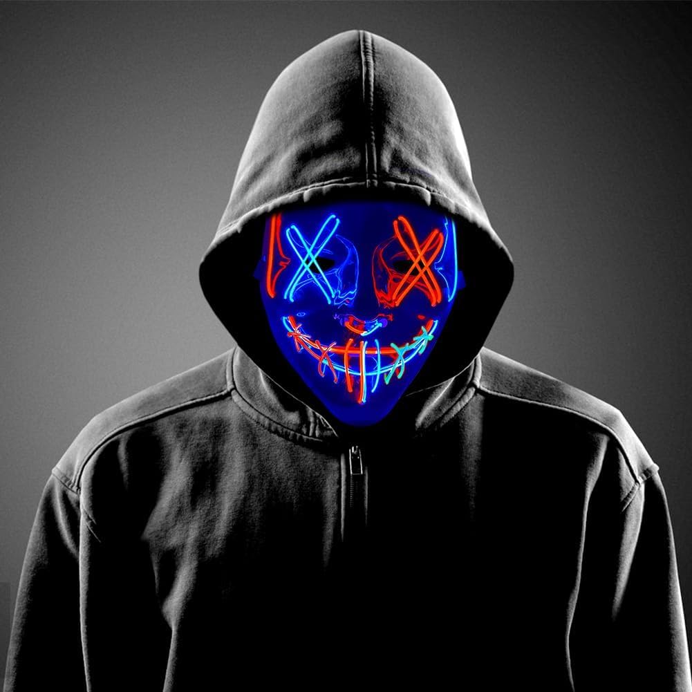Halloween Mask, LED Scary Horror Smiling Expression Evil Character Mask Costume Mask for Cosplay Party Props, Halloween Costumes for Men Adults Kids Boys (Blue+Red) SFODTN