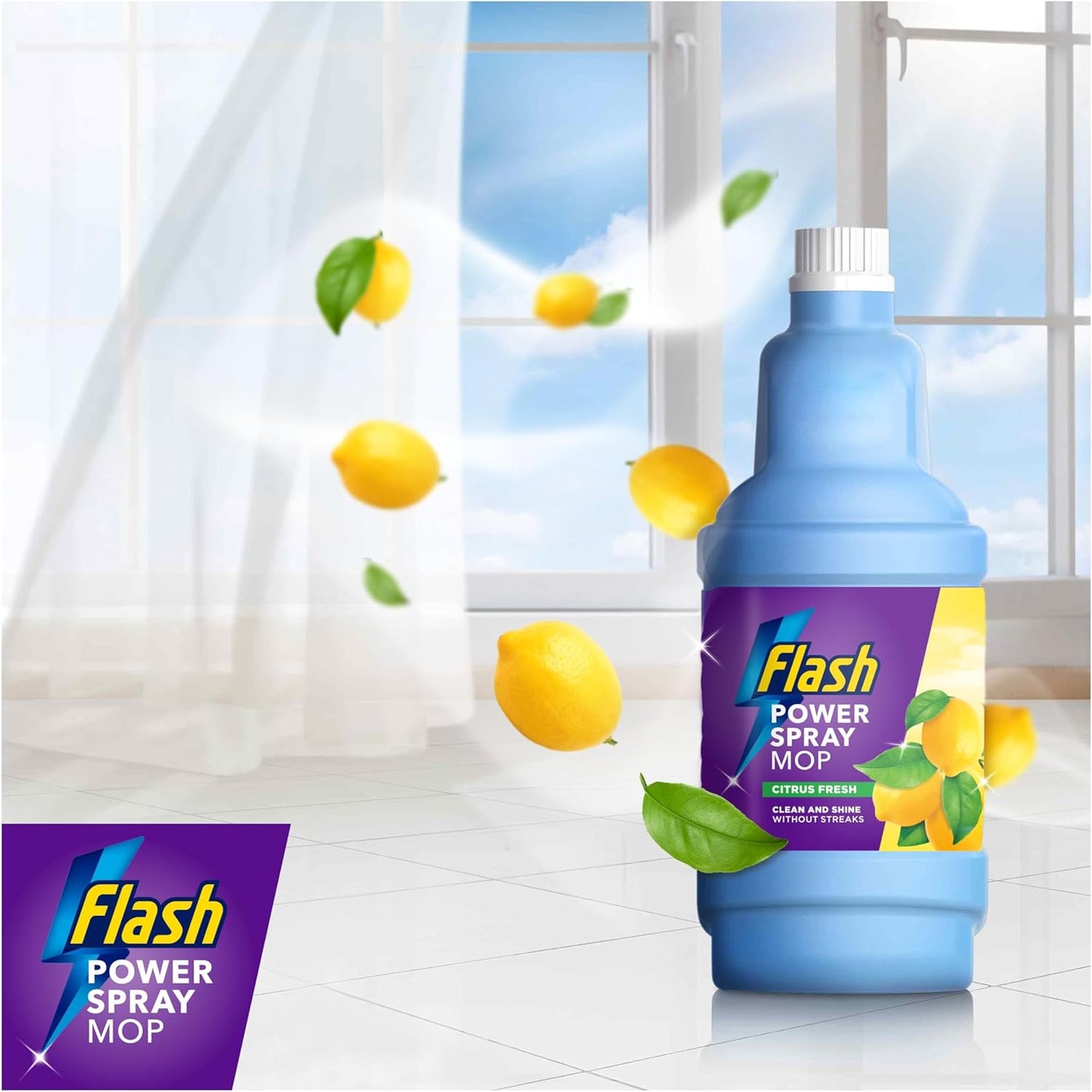Flash Power Spray Mop Floor Cleaner Citrus Fresh 4 x 1.25L Quick Dry Multi-Surface Cleaning Liquid Safe on All Finished Floors - Household