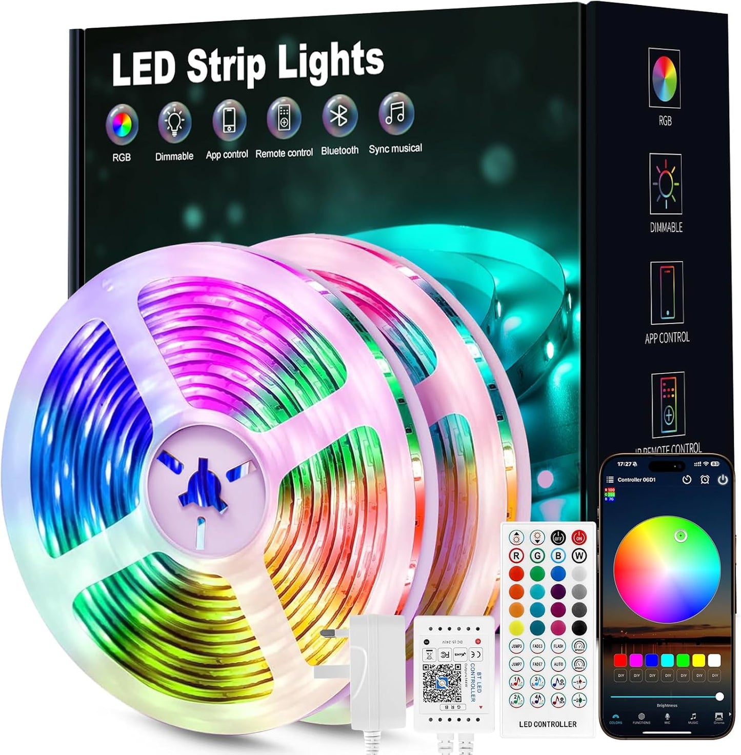 LED Strip Light 5M, RGB Music Sync Colour Changing LED Lights for Bedroom, Smart Ambient Lights with Bluetooth App & Remote Control, Flexible Design for Gaming, Ceiling, and Home Decoration unbranded