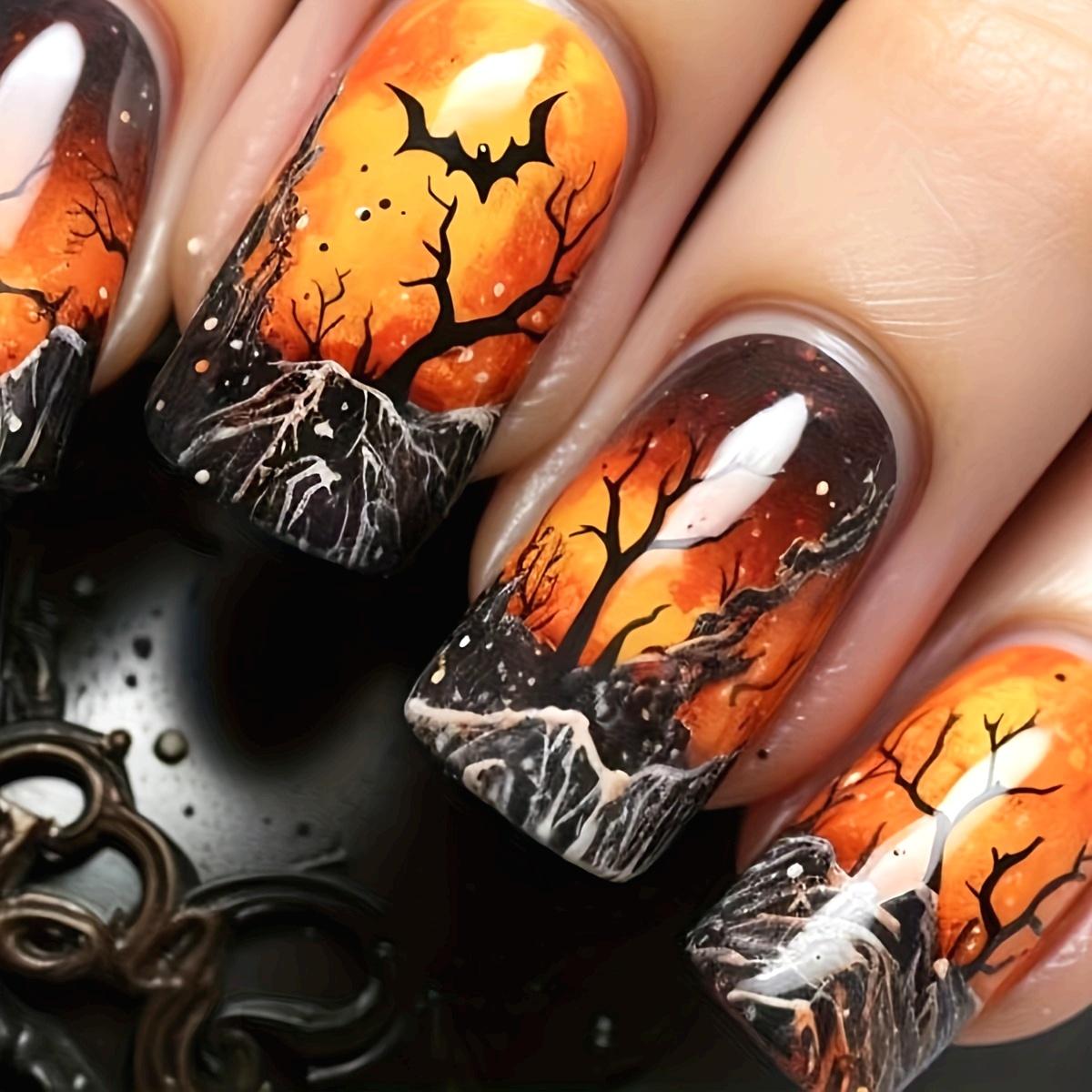 24pcs Halloween Press-On Nails - Black & Orange  Fake Nails Halloween Nail Art