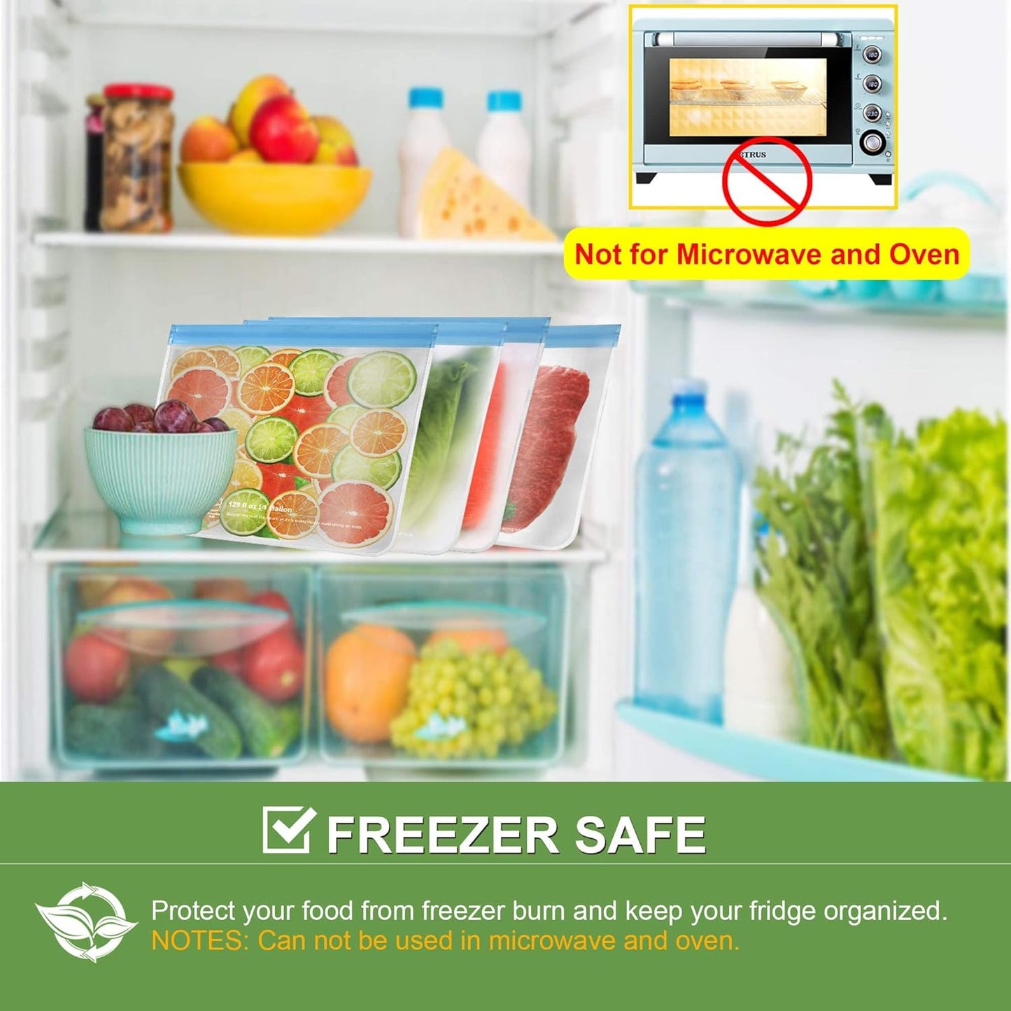 Roonoo 6 Pack Dishwasher Safe Reusable Gallon Freezer Bags Food Storage Bags, Extra Thick Leakproof Silicone & Plastic Free Ziplock Bags for Meal Prep, Fruits, Sandwich, Snack, Travel Items roonoo