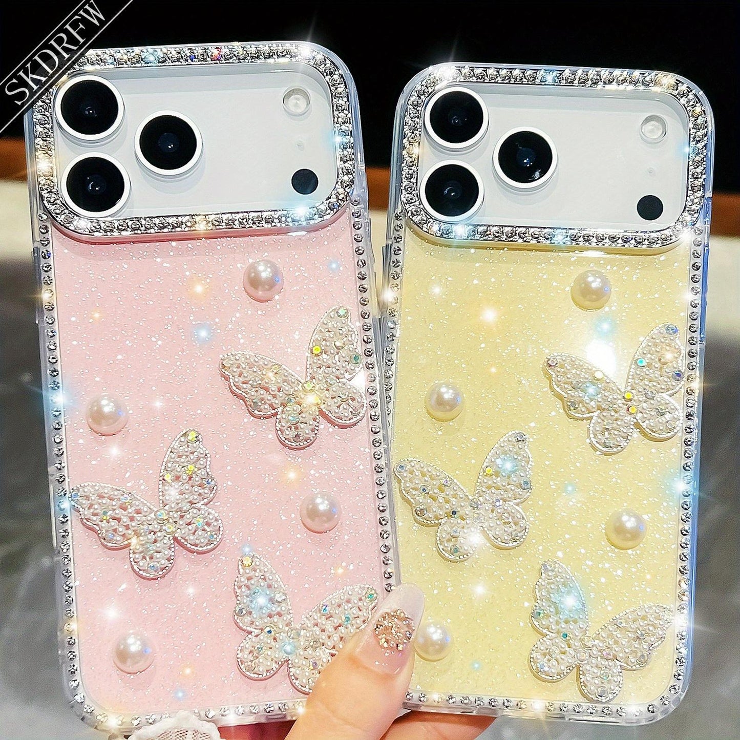 Luxurious Light Luxury Glittering Rhinestone Frame with Three-Dimensional Pearl Butterfly Phone Case for iPhone 17, 17 Air, 17 Pro, 17 Pro Max, 16, 16 Pro, 16 Pro Max, 16 Plus, 15, 15 Pro, 15 Pro Max, 14, 14 Pro, 14 Pro Max, 13, 13 Pro, 13 Pro Max, Phone