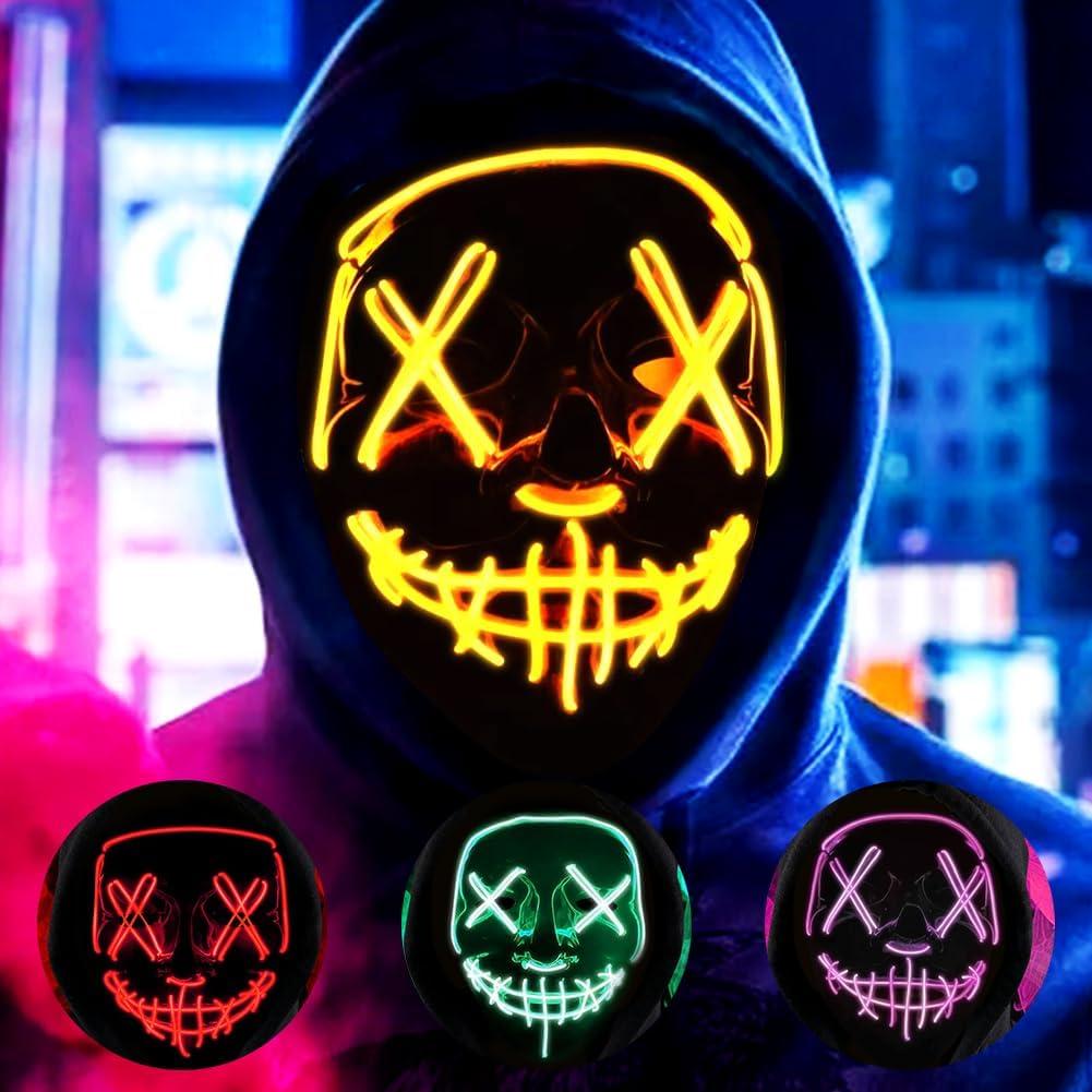 HATFRYF Halloween Masks, Horror LED Mask, Light up Mask, Scary Masks with 3 Lighting Modes, Rave Face Masks Costume for Kids Men Women Halloween Christmas Carnival Festival Cosplay Party