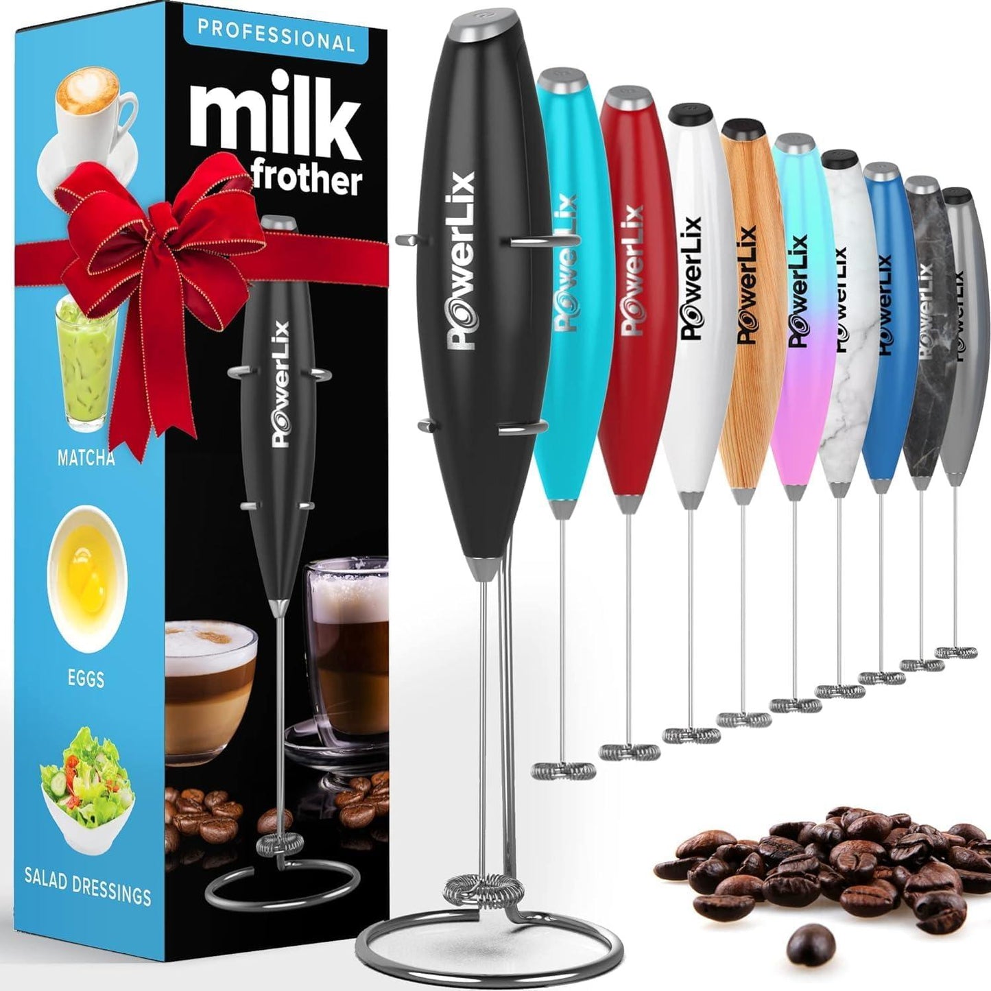 Powerlix Milk Frother Handheld Whisk - Electric Milk Frother Foamer with Stainless Steel Stand,15-20S, Powerful 19000Rpm, Mini Drink Mixer Coffee Frother for Latte, Cappuccino, Hot Chocolate POWERLIX