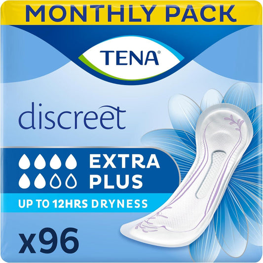 TENA Discreet Extra Plus, 96 Incontinence Pads Individually Wrapped, for Women with Medium to Heavy Bladder Weakness, Incontinence and Unpredictable Leaks, 16 Count (Pack of 6)